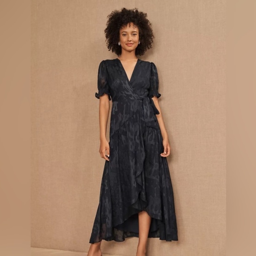 Hutch Anthropologie Navy Floral Jacquard Maxi Wrap Dress